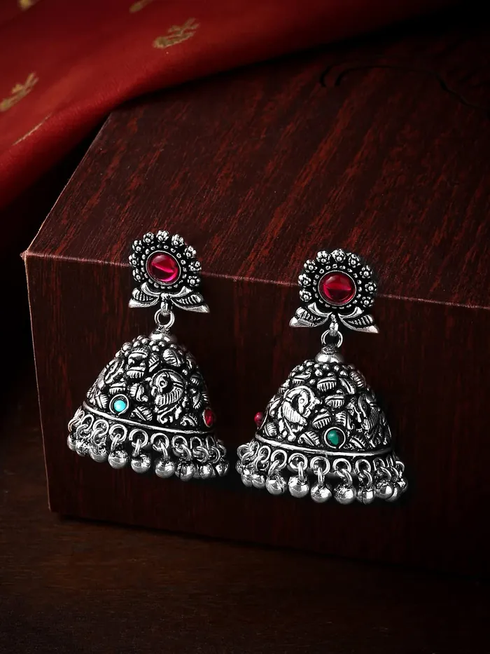 Necklaces Yellow Chimes Yellow Chimes Oxidised Silver Jhumki Earrings For Women Silver Oxidised Jhumka Traditional Kolhapuri Jhumka Earrings For Women and Girls