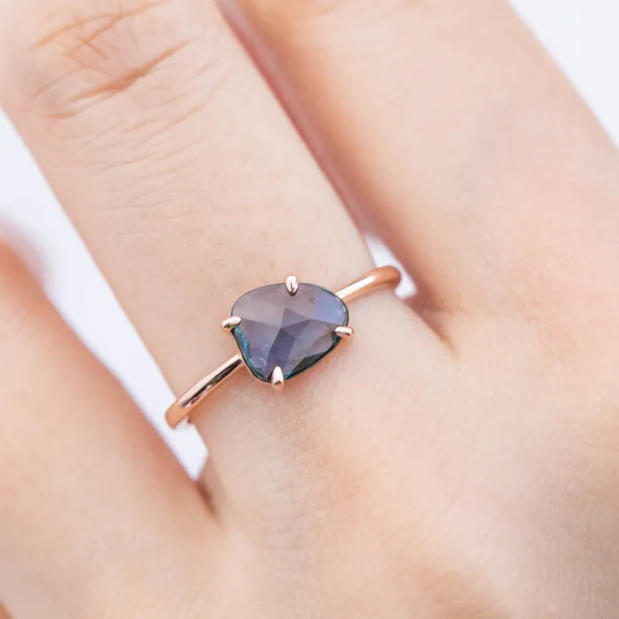 Envero Jewelry Lisa Ring 120ct Unheated Organic Cut Blue Sapphire 14k rose gold One of a kind Rings