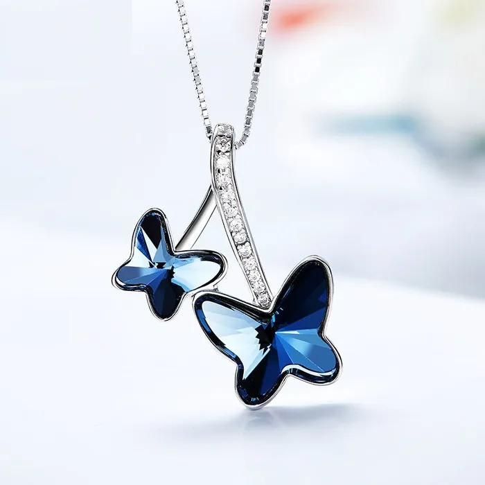 Mystic Flavia Necklaces Blue Butterfly Swarovski Crystal Silver Necklace