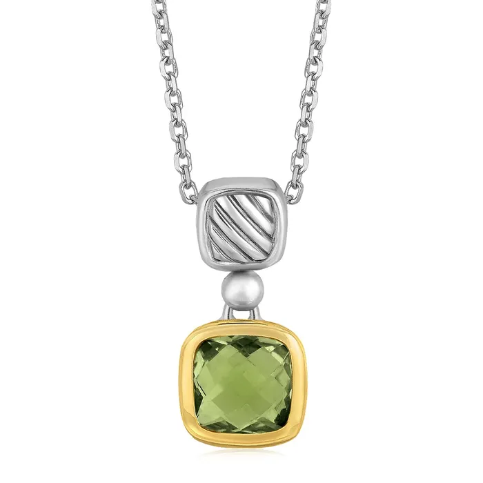 Necklaces MayaMila 18k Yellow Gold and Sterling Silver Necklace with Cushion Green Amethyst Pendant
