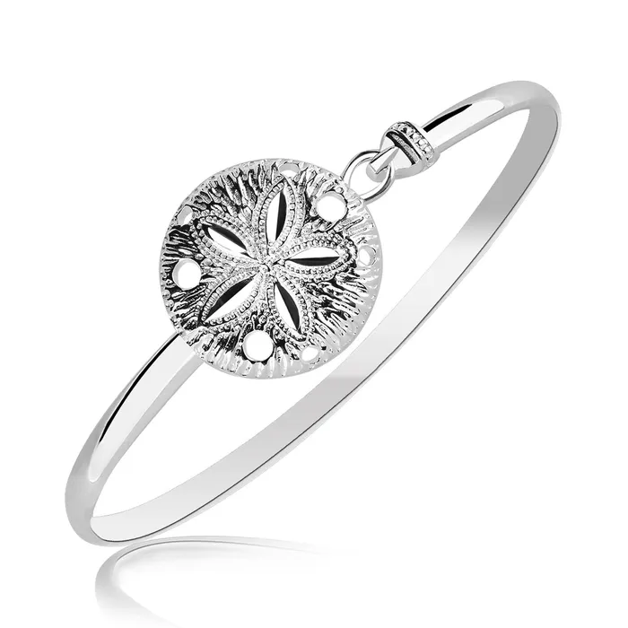 Sterling Silver Sand Dollar Motif Thin Bangle with Rhodium Plating MayaMila Bracelets Sterling Silver Sand Dollar Motif Thin Bangle with Rhodium Plating MayaMila Bracelets