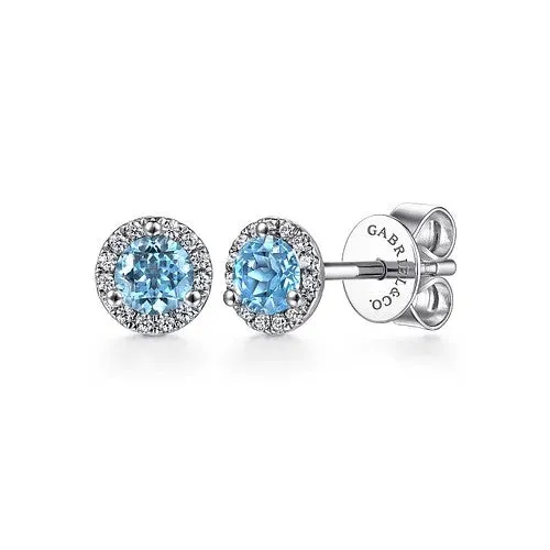 Earrings 14K White Gold Diamond Halo Swiss Blue Topaz Stud Earrings GABRIEL CO Earrings 14K White Gold Diamond Halo Swiss Blue Topaz Stud Earrings GABRIEL CO