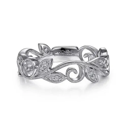 GABRIEL CO Rings 14K White Gold Scrolling Floral Diamond Stackable Ring