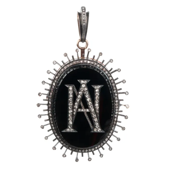 Victorian Era Onyx and Diamond Locket Bell Bird Antiques Necklaces