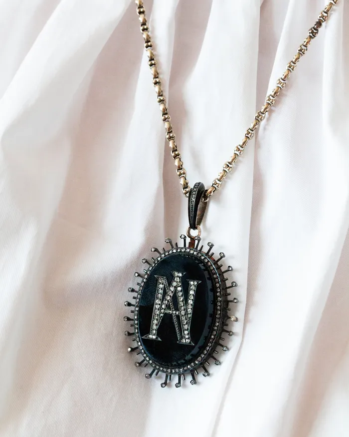 Victorian Era Onyx and Diamond Locket Bell Bird Antiques Necklaces