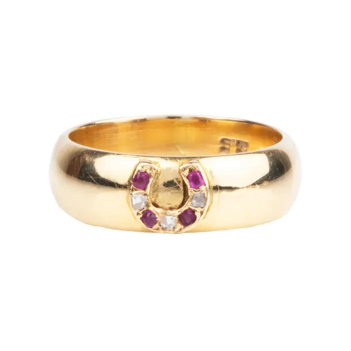 Vintage Gold Ruby and Diamond Horseshoe Band Bell Bird Antiques Rings