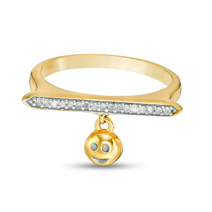 005 CT TW Natural Diamond Bar and Smiley Face Charm Ring in Sterling Silver with Solid 14K Gold Plate Goldia Rings 005 CT TW Natural Diamond Bar and Smiley Face Charm Ring in Sterling Silver with Solid 14K Gold Plate Goldia Rings
