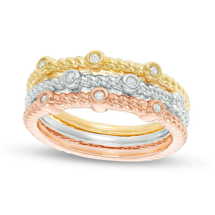 010 CT TW Natural Diamond RopeTextured Three Piece Stackable Band Set in Sterling Silver with Solid 14K TwoTone Gold Plate Goldia Rings 010 CT TW Natural Diamond RopeTextured Three Piece Stackable Band Set in Sterling Silver with Solid 14K TwoTone Gold Plate Goldia Rings