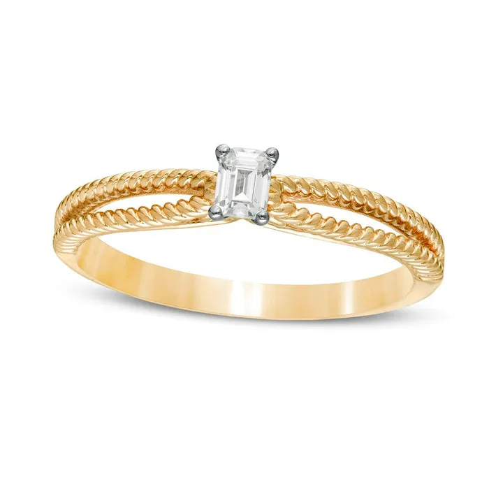 020 CT EmeraldCut Natural Clarity Enhanced Diamond Solitaire Rope Split Shank Promise Ring in Solid 14K Gold Goldia Rings 020 CT EmeraldCut Natural Clarity Enhanced Diamond Solitaire Rope Split Shank Promise Ring in Solid 14K Gold Goldia Rings