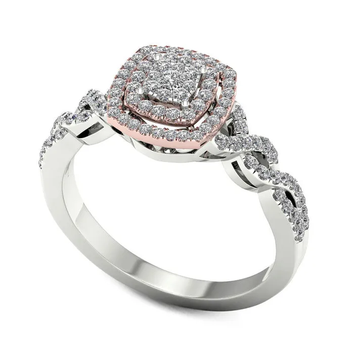 033 CT TW Composite Natural Diamond Double Cushion Frame Twist Engagement Ring in Solid 14K TwoTone Gold Goldia Rings 033 CT TW Composite Natural Diamond Double Cushion Frame Twist Engagement Ring in Solid 14K TwoTone Gold Goldia Rings