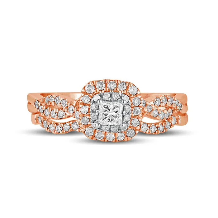 050 CT TW PrincessCut Natural Diamond Double CushionShaped Frame MultiRow Bridal Engagement Ring Set in Solid 10K Rose Gold Goldia Rings 050 CT TW PrincessCut Natural Diamond Double CushionShaped Frame MultiRow Bridal Engagement Ring Set in Solid 10K Rose Gold Goldia Rings