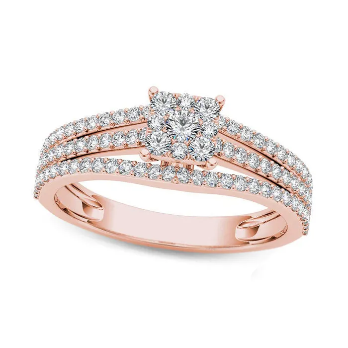 063 CT TW Square Composite Natural Diamond Three Row Engagement Ring in Solid 14K Rose Gold Goldia Rings 063 CT TW Square Composite Natural Diamond Three Row Engagement Ring in Solid 14K Rose Gold Goldia Rings