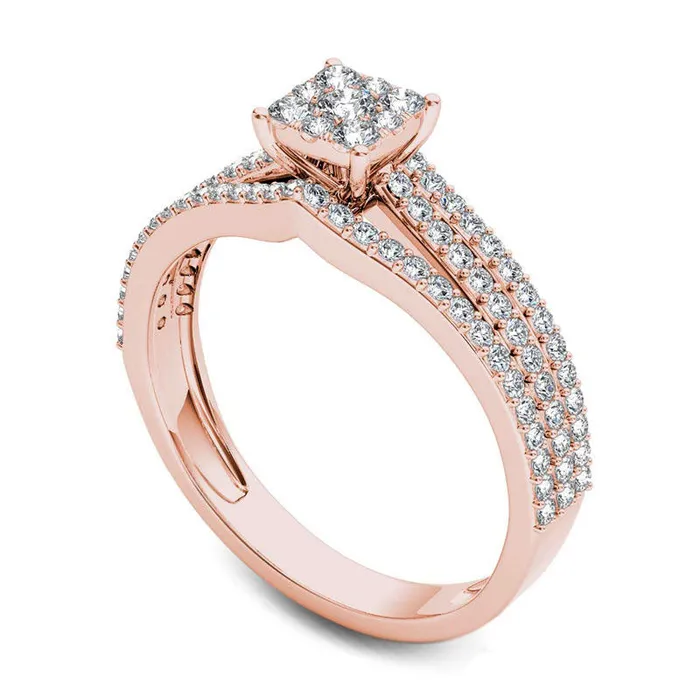 063 CT TW Square Composite Natural Diamond Three Row Engagement Ring in Solid 14K Rose Gold Goldia Rings 063 CT TW Square Composite Natural Diamond Three Row Engagement Ring in Solid 14K Rose Gold Goldia Rings