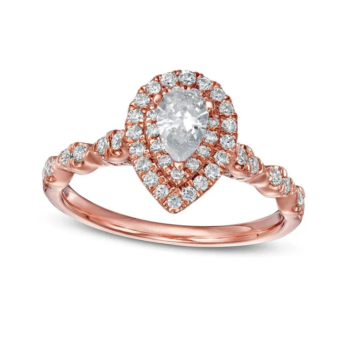 10 CT TW PearShaped Natural Diamond Double Frame Scallop Shank Engagement Ring in Solid 10K Rose Gold Goldia Rings 10 CT TW PearShaped Natural Diamond Double Frame Scallop Shank Engagement Ring in Solid 10K Rose Gold Goldia Rings