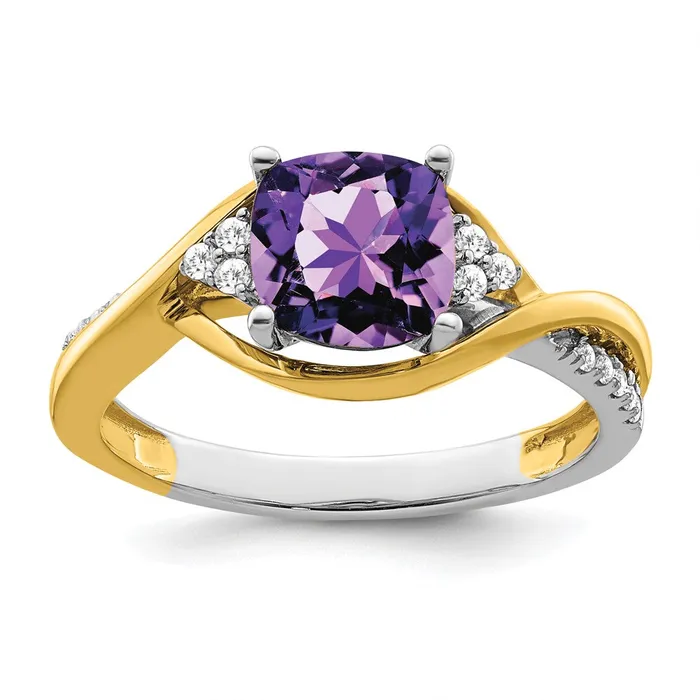 14k TwoTone Gold Cushion Amethyst and Real Diamond Ring Goldia Rings