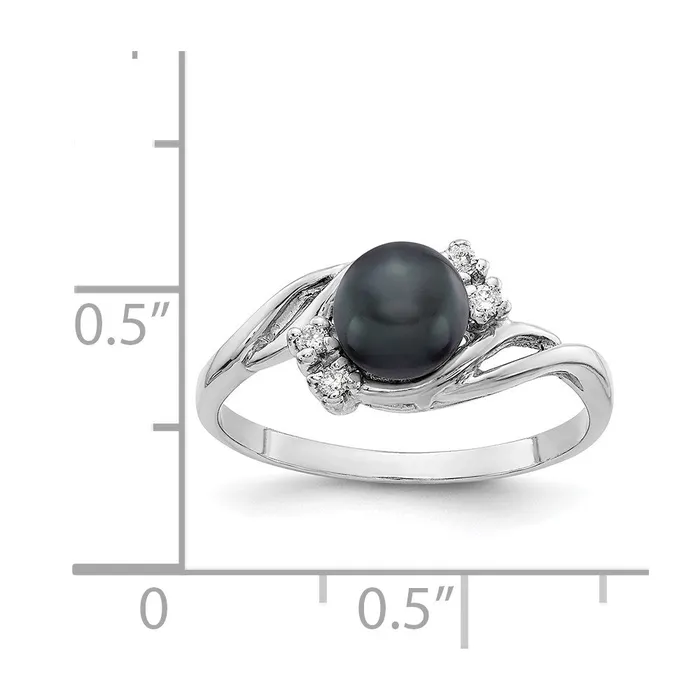 14k White Gold 6mm Black FW Cultured Pearl AAA Diamond ring Goldia Rings