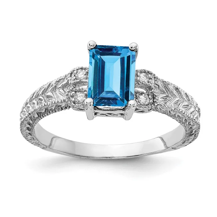 14k White Gold 7x5mm Emerald Cut Blue Topaz AA Diamond ring Goldia Rings