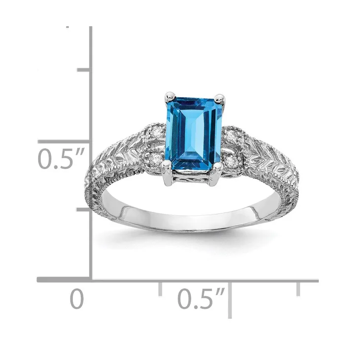 14k White Gold 7x5mm Emerald Cut Blue Topaz AA Diamond ring Goldia Rings