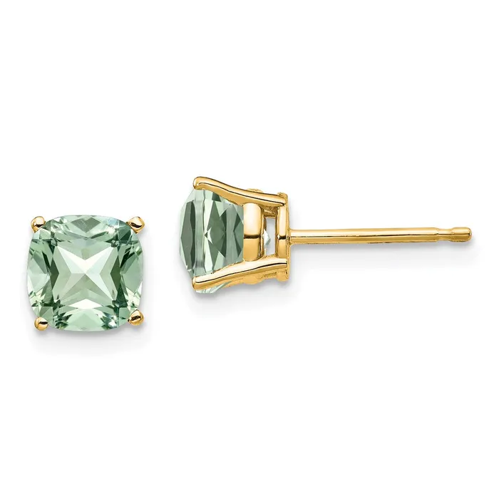 14k Yellow Gold 6mm Cushion Green Quartz Earring Goldia Earrings