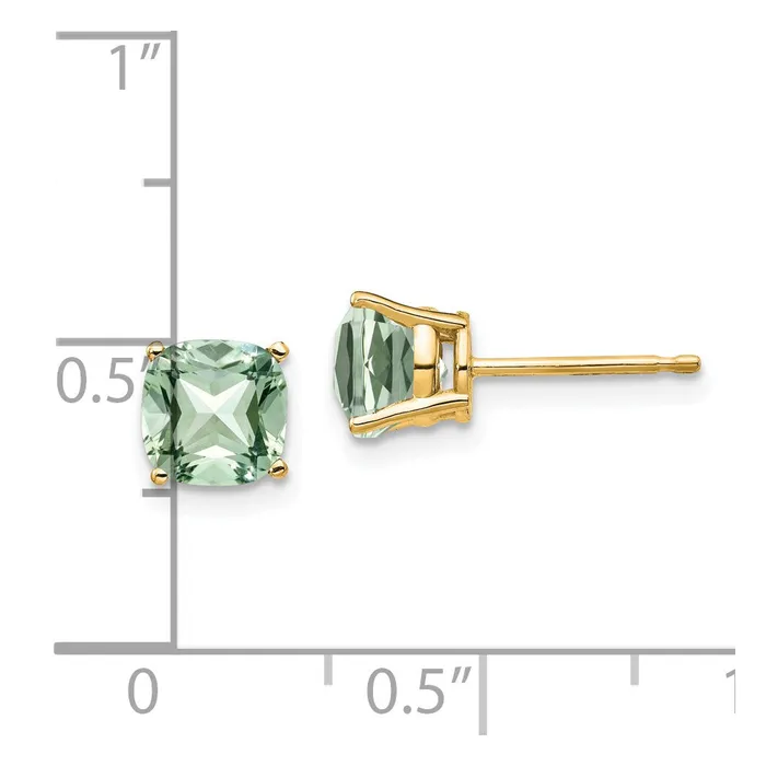14k Yellow Gold 6mm Cushion Green Quartz Earring Goldia Earrings