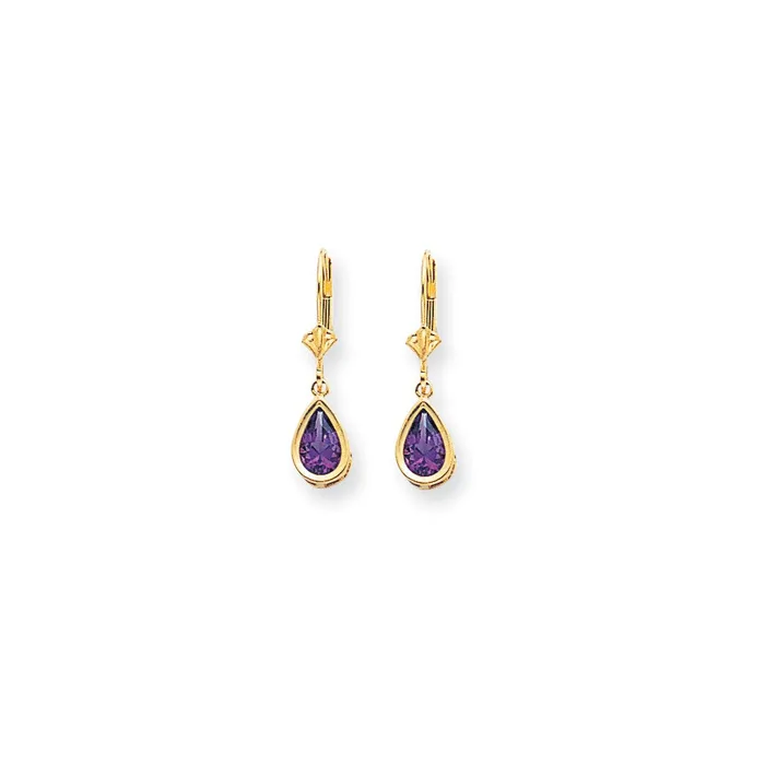 14k Yellow Gold 8x5mm Pear Amethyst Checker leverback Earrings Goldia Earrings