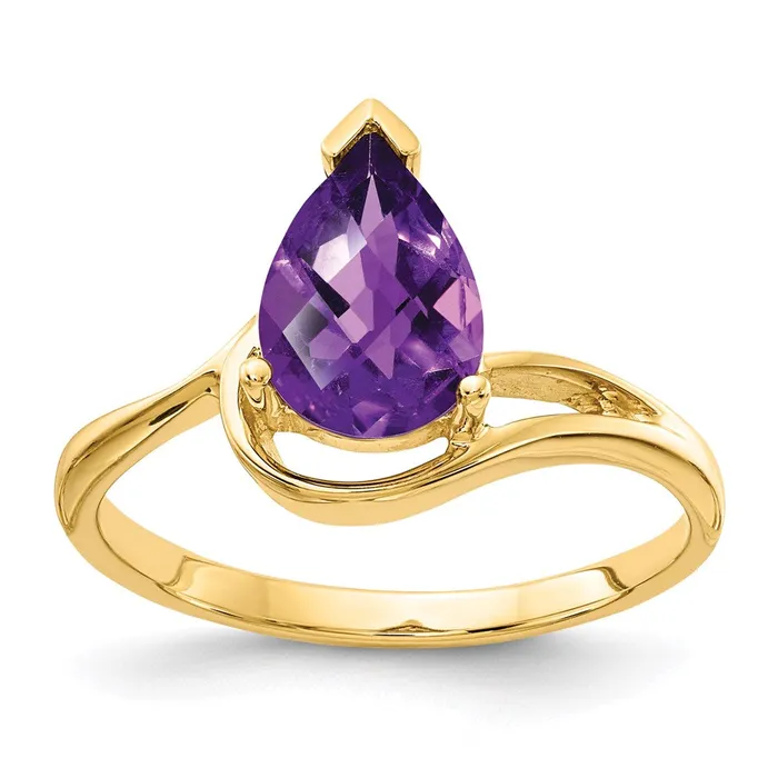14K Yellow Gold 9x6mm Pear Amethyst Checker ring Goldia Rings