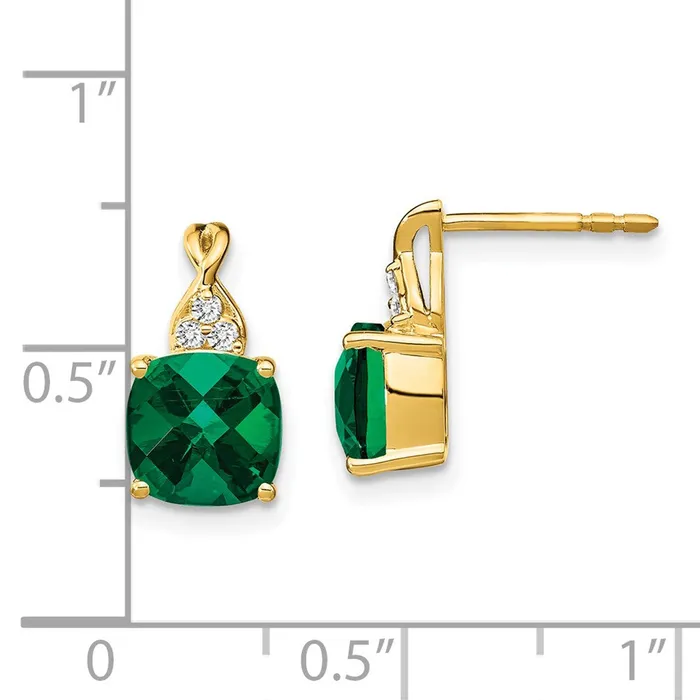 14k Yellow Gold Checkerboard Created Emerald and Real Diamond Earrings Goldia Earrings