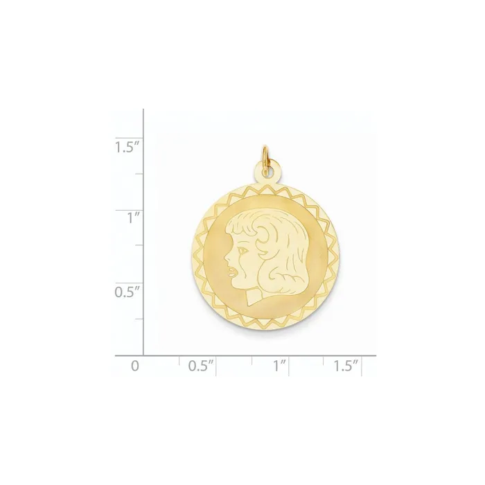 14k Yellow Gold Girl Head on 018 Gauge Engravable Scalloped Disc Charm Goldia Charm Necklaces