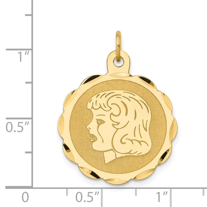 14k Yellow Gold Girl Head on 018 Gauge Engravable Scalloped Disc Charm Goldia Charm Necklaces