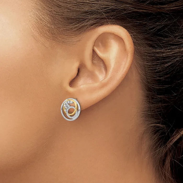 14k Yellow Gold Twotone Polished Real Diamond Circle Cluster Post Earrings Goldia Earrings