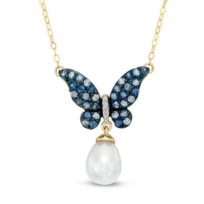 90mm Cultured Freshwater Pearl Blue Sapphire and Natural Diamond Accent Butterfly Necklace in 10K Yellow Gold 165 Goldia Necklaces 90mm Cultured Freshwater Pearl Blue Sapphire and Natural Diamond Accent Butterfly Necklace in 10K Yellow Gold 165 Goldia Necklaces
