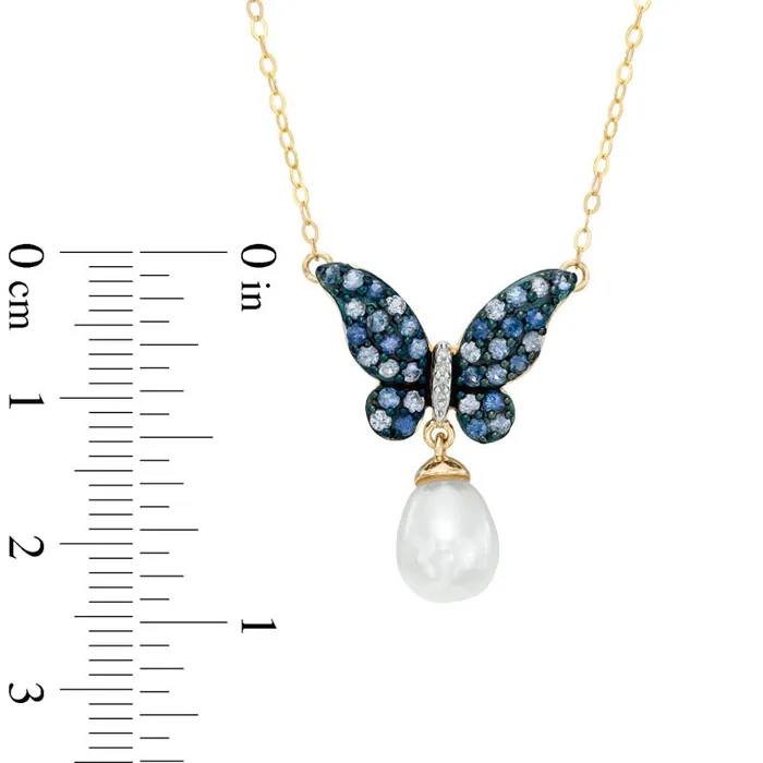 90mm Cultured Freshwater Pearl Blue Sapphire and Natural Diamond Accent Butterfly Necklace in 10K Yellow Gold 165 Goldia Necklaces 90mm Cultured Freshwater Pearl Blue Sapphire and Natural Diamond Accent Butterfly Necklace in 10K Yellow Gold 165 Goldia Necklaces