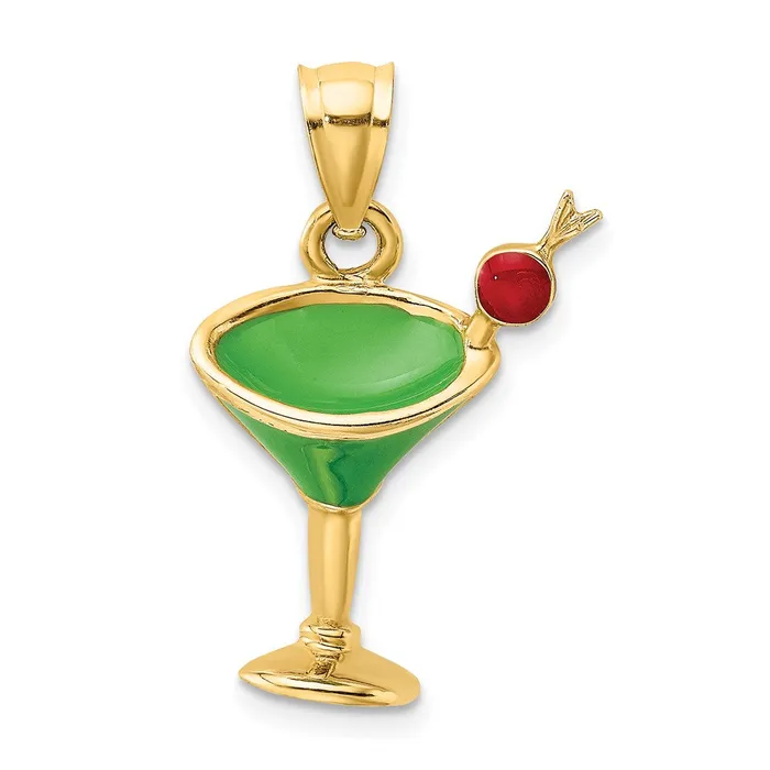 Charm Necklaces 14k Yellow Gold 2D Green Enameled Martini wCherry Charm Goldia Charm Necklaces 14k Yellow Gold 2D Green Enameled Martini wCherry Charm Goldia