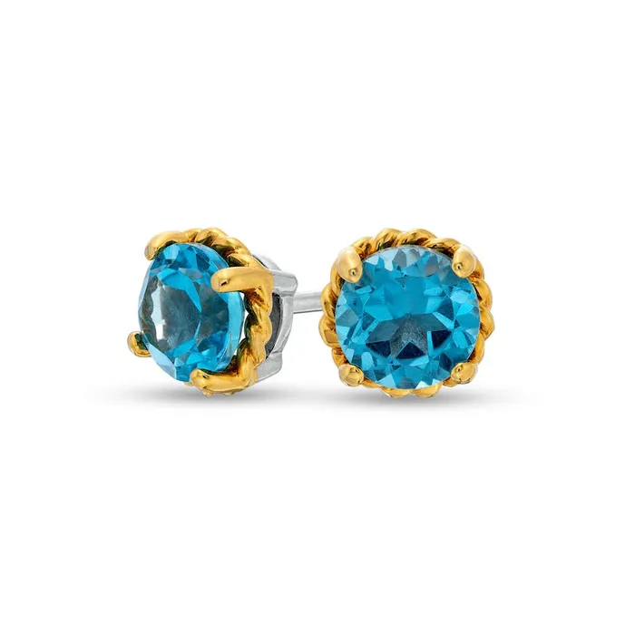 Earrings 60mm Swiss Blue Topaz Solitaire RopeTextured Frame Stud Earrings in Sterling Silver and 10K Gold Goldia Earrings 60mm Swiss Blue Topaz Solitaire RopeTextured Frame Stud Earrings in Sterling Silver and 10K Gold Goldia