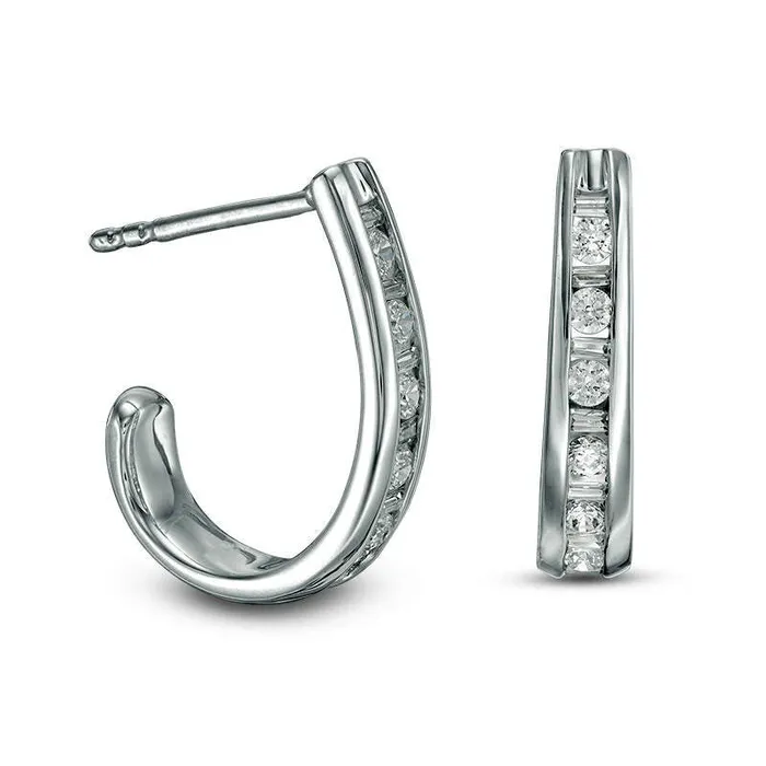 Earrings Goldia 05 CT TW Baguette and Round Diamond JHoop Earrings in 14K White Gold Earrings Goldia 05 CT TW Baguette and Round Diamond JHoop Earrings in 14K White Gold