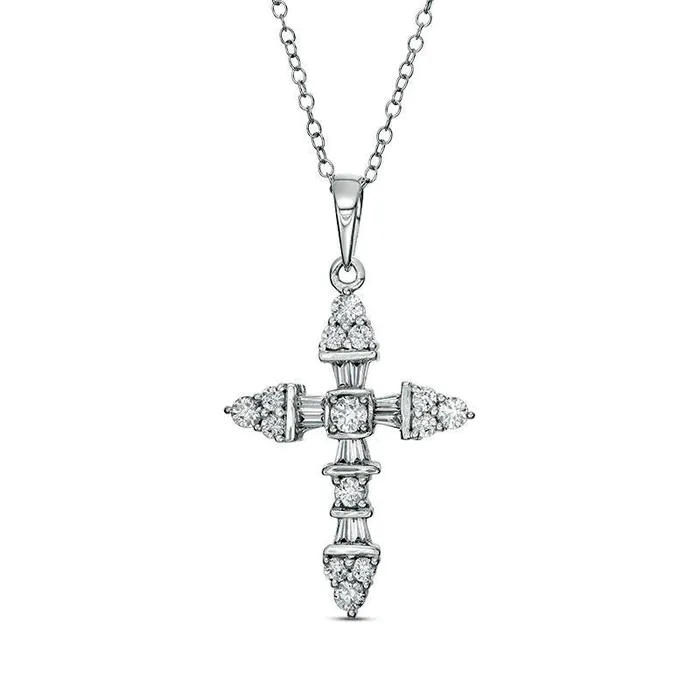 Goldia 1 CT TW Baguette and Round Natural Diamond Cross Pendant in 14K White Gold Necklaces Goldia 1 CT TW Baguette and Round Natural Diamond Cross Pendant in 14K White Gold Necklaces