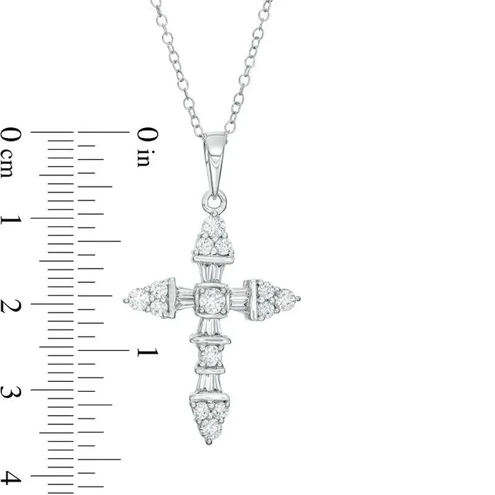 Goldia 1 CT TW Baguette and Round Natural Diamond Cross Pendant in 14K White Gold Necklaces Goldia 1 CT TW Baguette and Round Natural Diamond Cross Pendant in 14K White Gold Necklaces