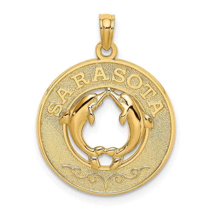Goldia Charm Necklaces 14k Yellow Gold SARASOTA wDolphins Circle Charm