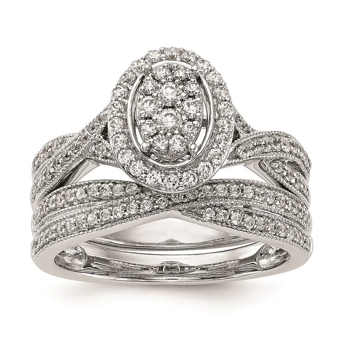 Goldiacom 14K White Gold Complete Real Diamond Cluster Engagement Ring Rings
