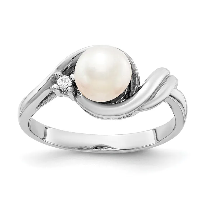 Goldiacom Rings 14k White Gold 6mm FW Cultured Pearl VS Real Diamond ring