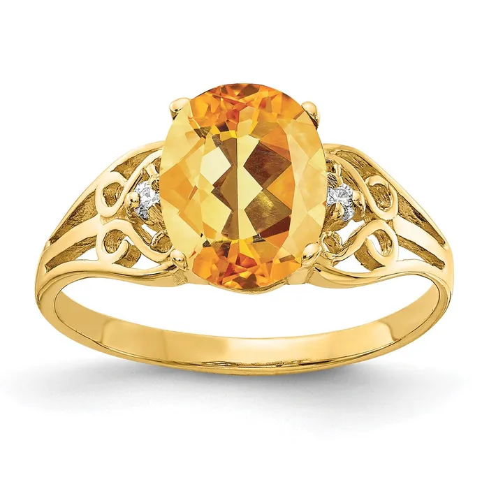 Goldiacom Rings 14K Yellow Gold 9x7mm Oval Citrine AAA Real Diamond ring