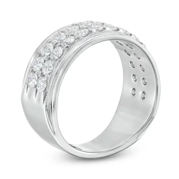 Goldiacom Rings Mens 2 CT TW Natural Diamond Raised Double Row Wedding Anniversary Band in 10K White Gold