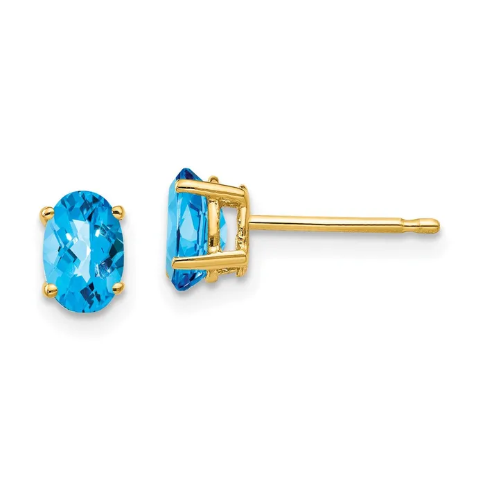 Goldia Earrings 14k Yellow Gold 6x4mm Oval Blue Topaz Checker Earrings