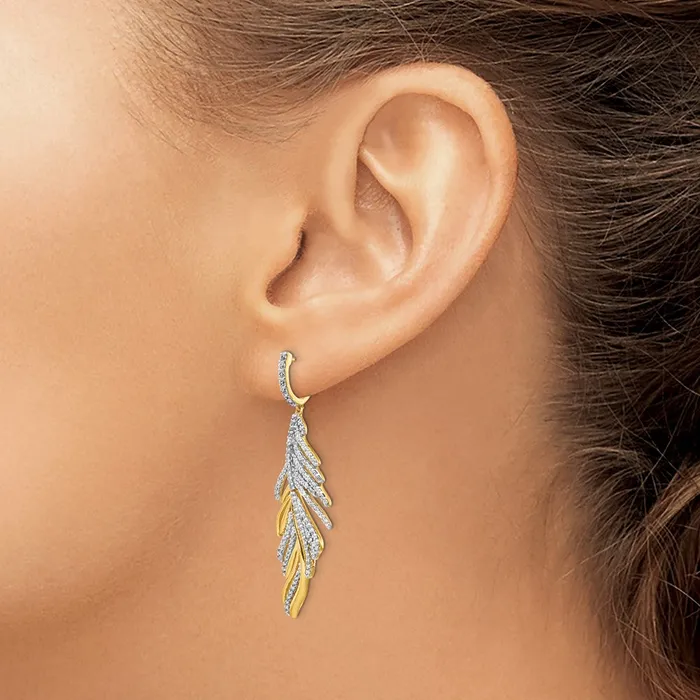 Goldia Earrings 14k Yellow Gold Real Diamond Fancy Feather Earrings
