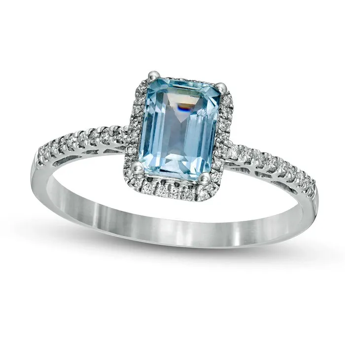 Goldia EmeraldCut Aquamarine and 017 CT TW Natural Diamond Frame Ring in Solid 14K White Gold Rings Goldia EmeraldCut Aquamarine and 017 CT TW Natural Diamond Frame Ring in Solid 14K White Gold Rings