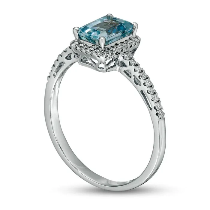 Goldia EmeraldCut Aquamarine and 017 CT TW Natural Diamond Frame Ring in Solid 14K White Gold Rings Goldia EmeraldCut Aquamarine and 017 CT TW Natural Diamond Frame Ring in Solid 14K White Gold Rings