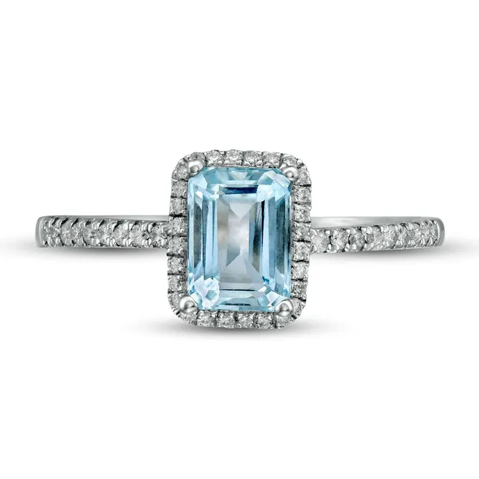 Goldia EmeraldCut Aquamarine and 017 CT TW Natural Diamond Frame Ring in Solid 14K White Gold Rings Goldia EmeraldCut Aquamarine and 017 CT TW Natural Diamond Frame Ring in Solid 14K White Gold Rings
