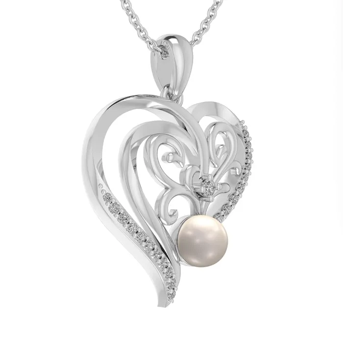 Goldia Necklaces 50mm Cultured Freshwater Pearl and LabCreated White Sapphire Filigree Double Loop Heart Pendant in Sterling Silver Goldia Necklaces 50mm Cultured Freshwater Pearl and LabCreated White Sapphire Filigree Double Loop Heart Pendant in Sterling Silver
