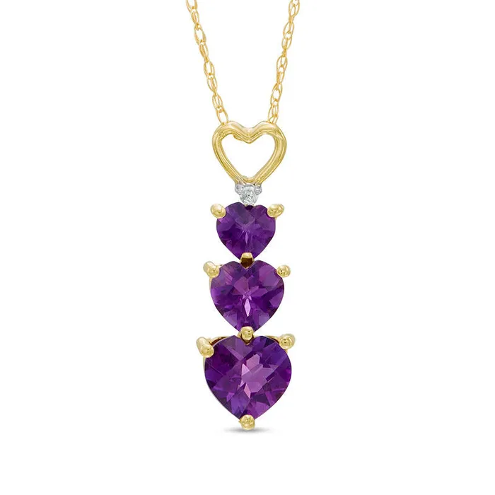 Goldia Necklaces HeartShaped Amethyst and Natural Diamond Accent Linear Three Stone Pendant in 10K Yellow Gold Goldia Necklaces HeartShaped Amethyst and Natural Diamond Accent Linear Three Stone Pendant in 10K Yellow Gold