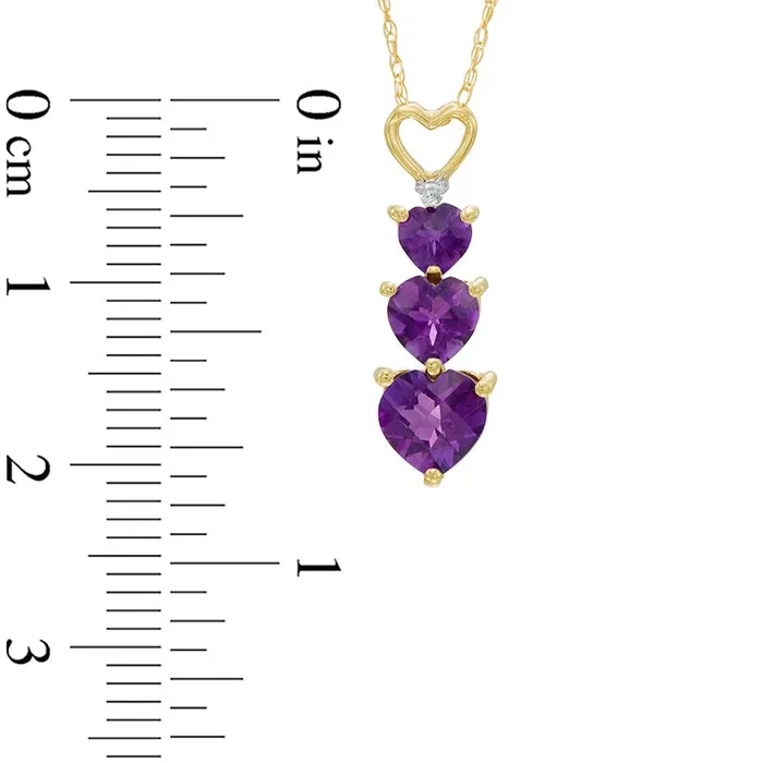 Goldia Necklaces HeartShaped Amethyst and Natural Diamond Accent Linear Three Stone Pendant in 10K Yellow Gold Goldia Necklaces HeartShaped Amethyst and Natural Diamond Accent Linear Three Stone Pendant in 10K Yellow Gold